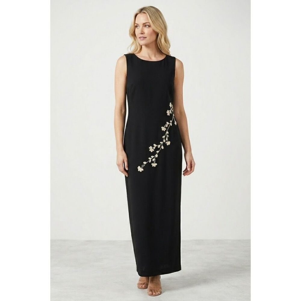Wallis Black Floral Embroidered Sleeveless Maxi Dress Size 14 Back Slit Lined